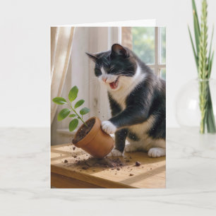 Tuxedo-katt på födelsedagen som knackar över en an kort