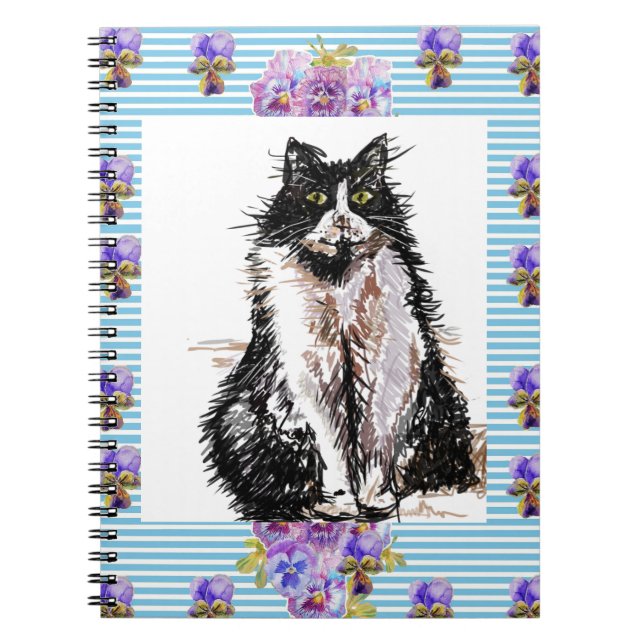 Tuxedo Katt Svart och Vita Katter Tjejer Blå Blomm Anteckningsbok (Framsidan)