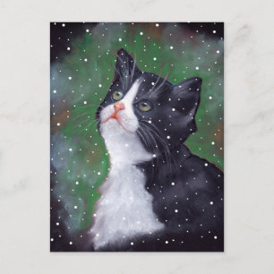 Tuxedo-katt Tittar vid Snöflingor, målning Vykort