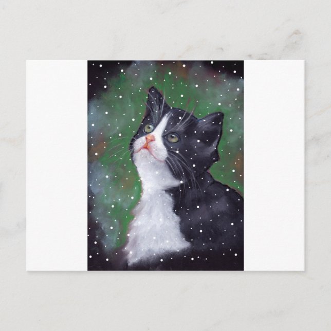 Tuxedo-katt Tittar vid Snöflingor, målning Vykort (Framsida)