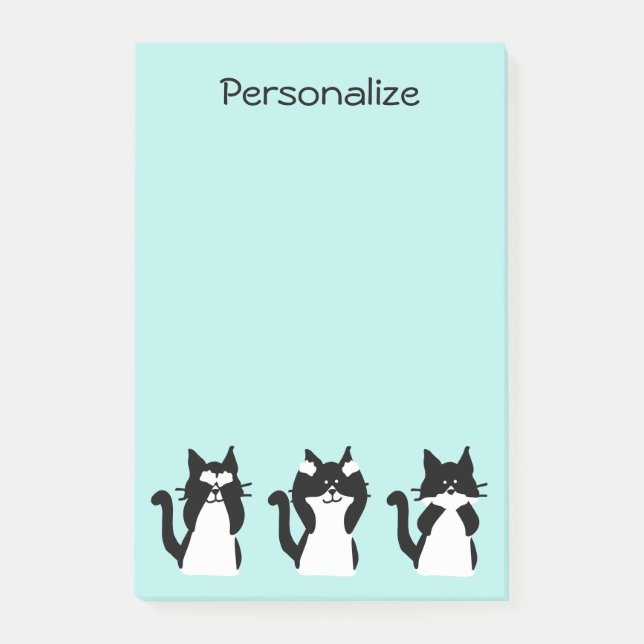 Tuxedo Katter | Tre Visa Kattungar Aqua Blå Post-it Block (Framsida)