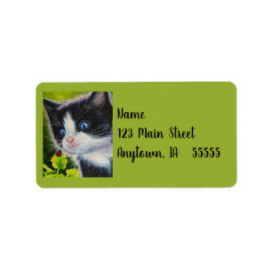 Tuxedo Kitten & Ladybug Watercolor Art-etikett Adressetikett