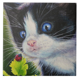 Tuxedo Kitten & Ladybug Watercolor Art Kakelplatta