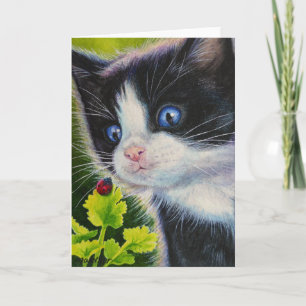 Tuxedo Kitten & Ladybug Watercolor Art Kort