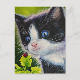 Tuxedo Kitten & Ladybug Watercolor Art Vykort