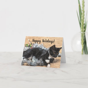 Tuxedo Kitten Tinsel och Ljus Helgdag Card Kort