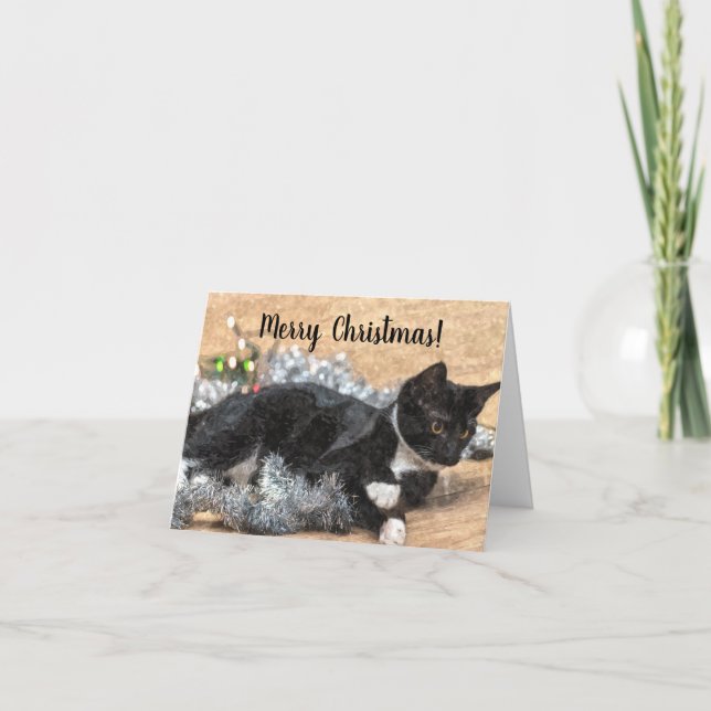 Tuxedo Kitten Tinsel och Ljus julkort Kort (Framsida)