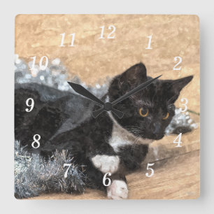 Tuxedo Kitten Tinsel och Ljus Painterly Clock Fyrkantig Klocka