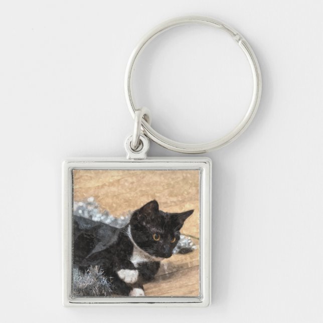 Tuxedo Kitten Tinsel och Ljus Painterly Fyrkantig Silverfärgad Nyckelring (Framsidan)