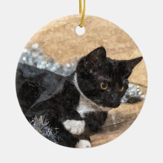 Tuxedo Kitten Tinsel och Ljus Painterly Julgransprydnad Keramik (Framsidan)