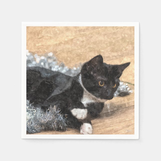 Tuxedo Kitten Tinsel och Ljus Painterly Pappersservett (Framsidan)