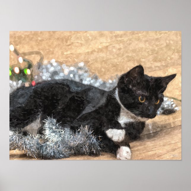 Tuxedo Kitten Tinsel och Ljus Painterly Poster (Framsidan)