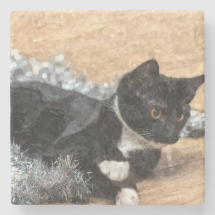 Tuxedo Kitten Tinsel och Ljus Painterly Stenunderlägg