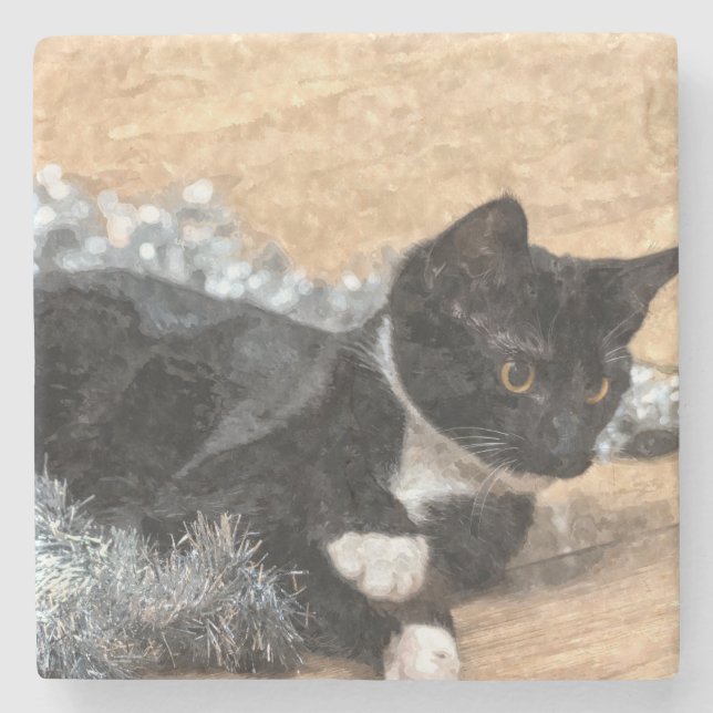 Tuxedo Kitten Tinsel och Ljus Painterly Stenunderlägg (Framsidan)