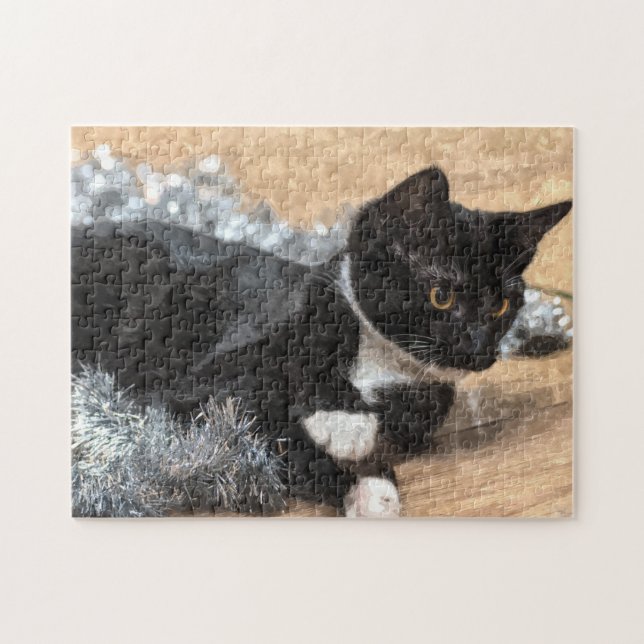 Tuxedo Kitten Tinsel och Ljus Puzzle Pussel (Horisontell)