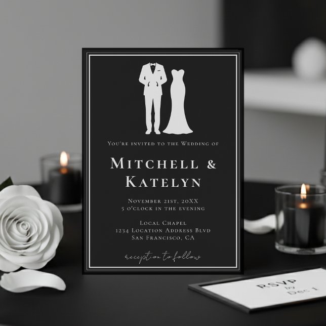 Tuxedo & klänning Minimal kant Svart bröllop Inbjudningar (Tuxedo & Dress Minimal Border Black Wedding Invitation
)