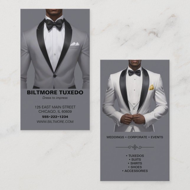 Tuxedo kostym herrkläder modern ren visitkort (Fram/baksida)