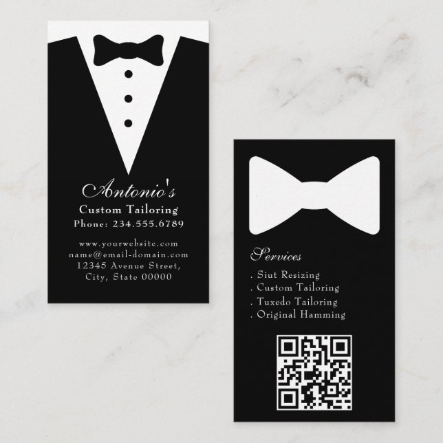Tuxedo kostym herrkläder modern svart & vit visitkort (Fram/baksida)