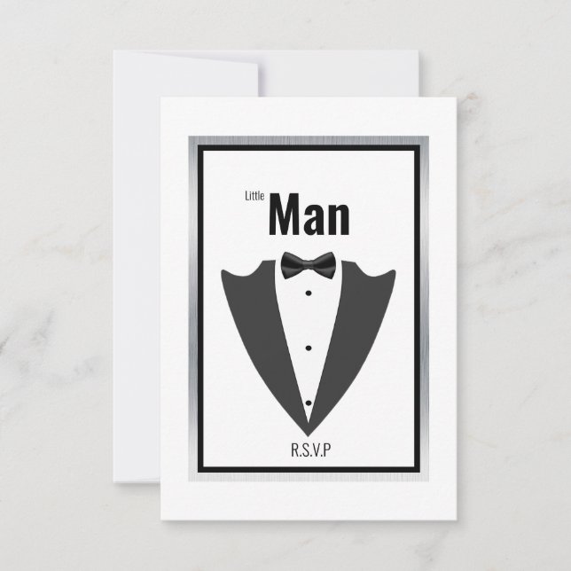 Tuxedo kostym och bågsvarv/vit inbjudan (Framsida)