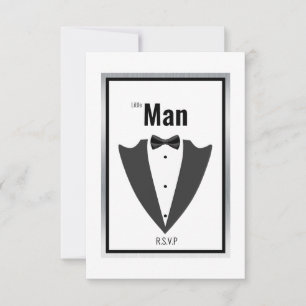 Tuxedo kostym och bågsvarv/vit inbjudan