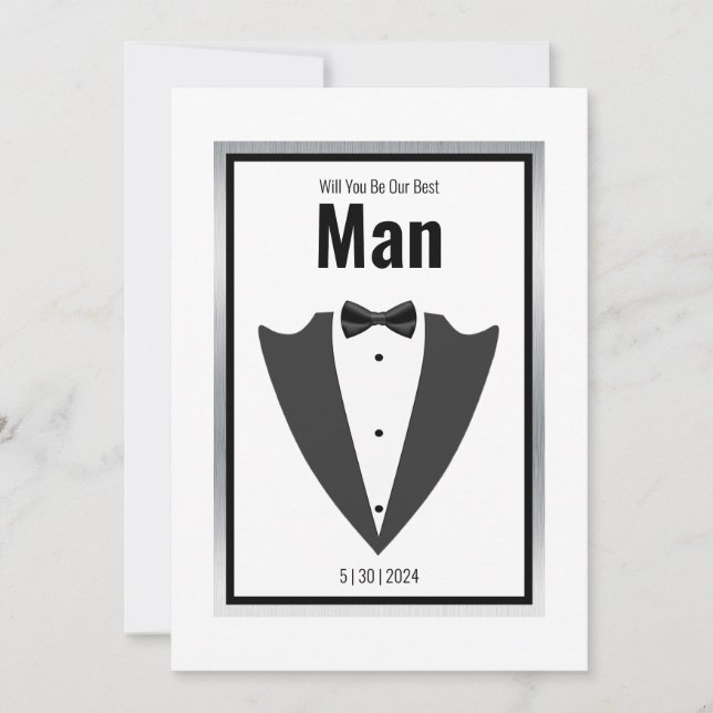 Tuxedo kostym och bågsvarv/vit inbjudan (Framsida)