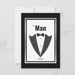 Tuxedo kostym och bågsvarv/vit inbjudan