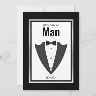 Tuxedo kostym och bågsvarv/vit inbjudan