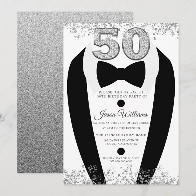 Tuxedo Kostym Silver Manar 50:e Födelsedagsfesten Inbjudningar (Fram/baksida)
