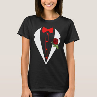 Tuxedo med rött blommiga Bröllop-fake Tux Bachelor T Shirt