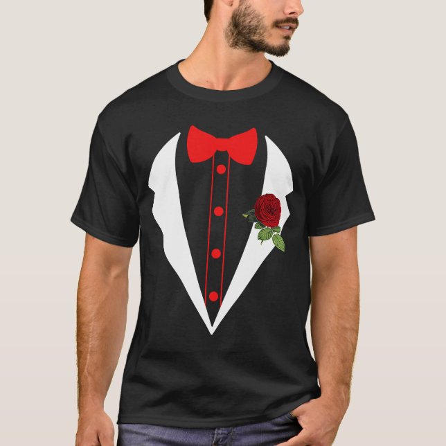 Tuxedo med rött blommiga Bröllop-fake Tux Bachelor T Shirt (Framsida)