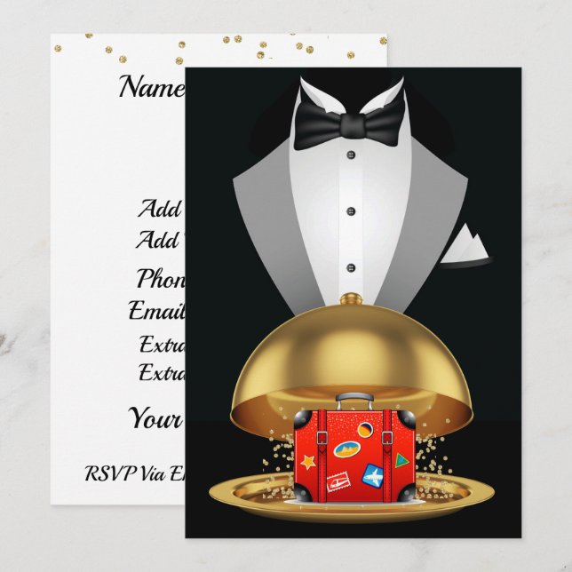 Tuxedo och resväska inbjudan (Fram/baksida)
