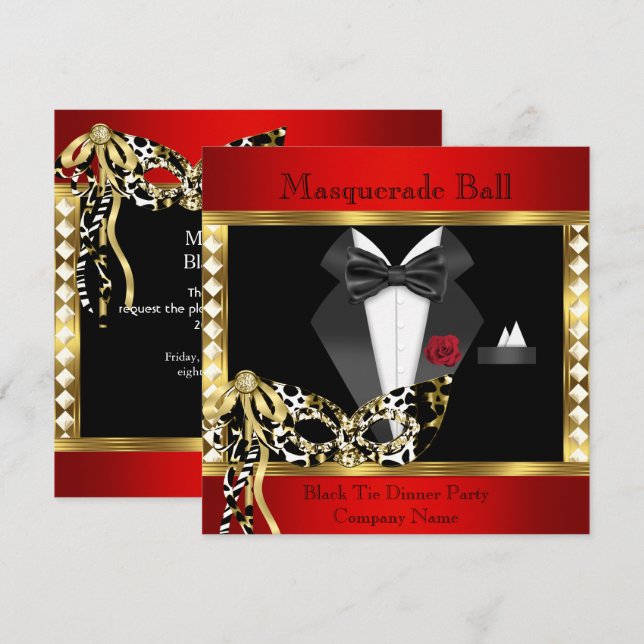 Tuxedo Röd Guld Svart Band Maskeradbal Inbjudningar (Fram/baksida)