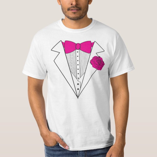 Tuxedo stil med Rosa Bowtie och Rosa ros Tee Shirt (Framsida)