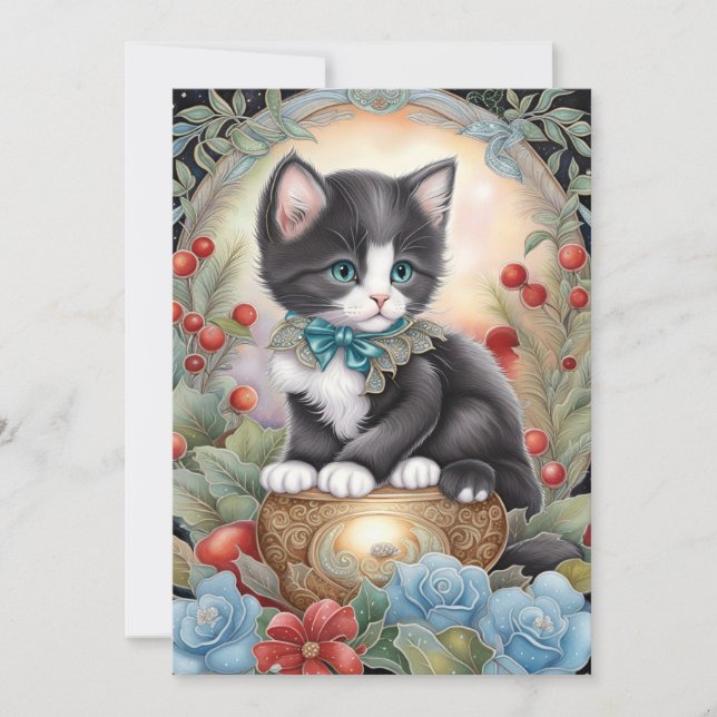 Tuxedokatt Art Nouveau blommig Julkort (Framsida)