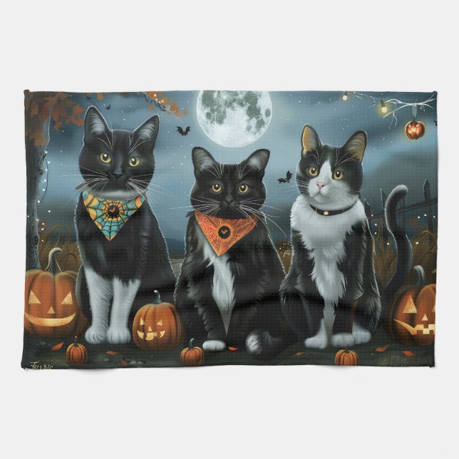 Tuxedokatt Halloween Kuslig Kökshandduk (Horisontell)