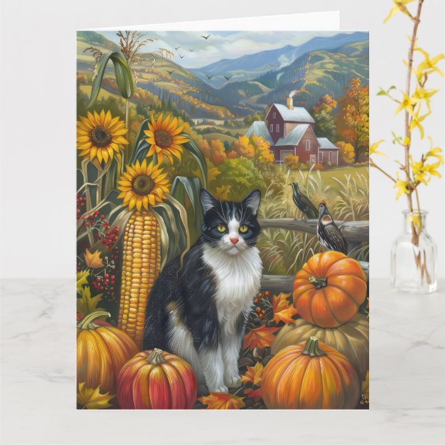 Tuxedokatt Höstskörd Tacksägelse Kort (Gul blomma)