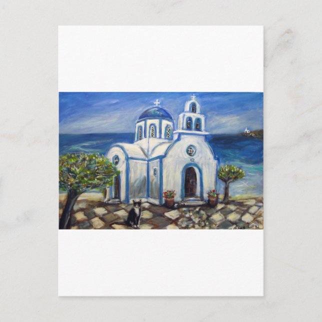 Tuxedokatt Kyrka på grekisk ö målning Vykort (Framsida)