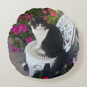 Tuxedokatt Maroon Mörk Rosa Katter och Blommor Rund Kudde