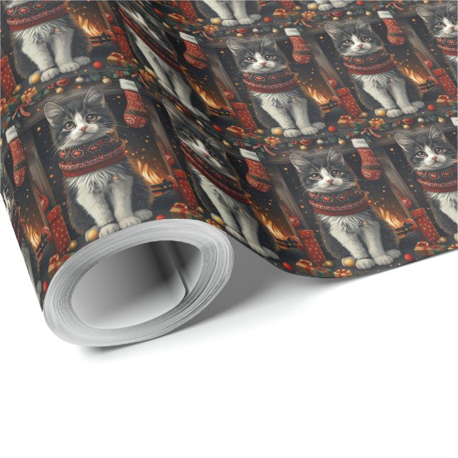 Tuxedokatt med julklappar öppen spis presentpapper (Rulle Hörn)