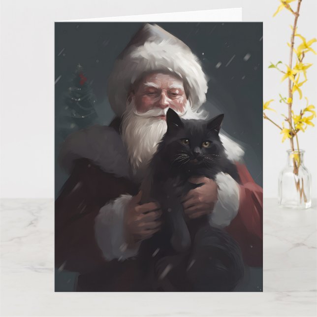 Tuxedokatt med tomte festlig jul kort (Gul blomma)