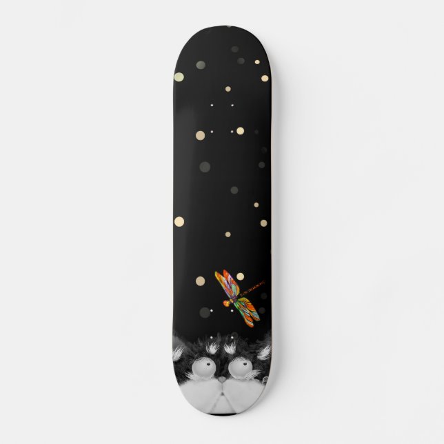 Tuxedokatt överraskad av trollslända  mini skateboard bräda 18,5 cm (Framsida)