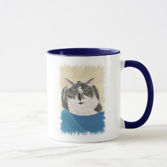 Tuxedokatt på blå filt-målning, muggar (Höger)