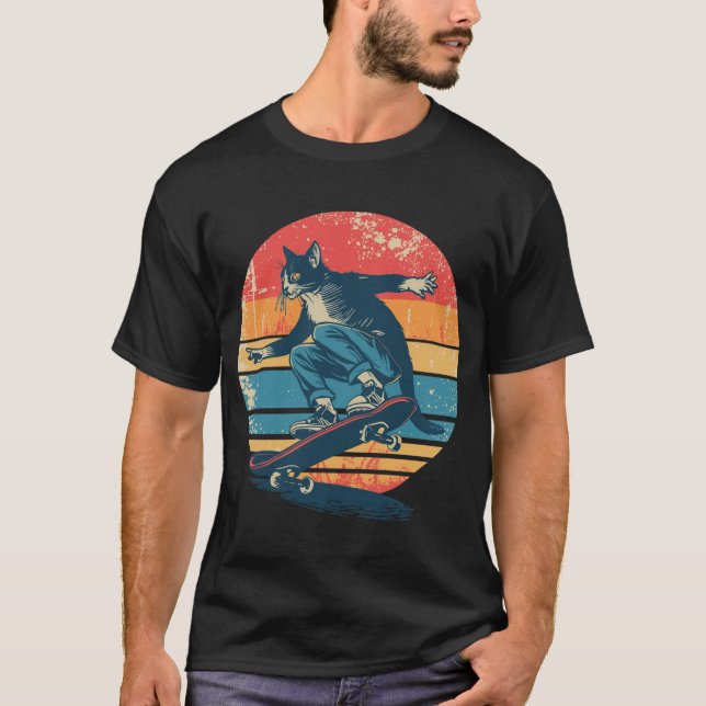 Tuxedokatt Skateboardåkare Retro 70-tal 80-tal Sol T Shirt (Framsida)
