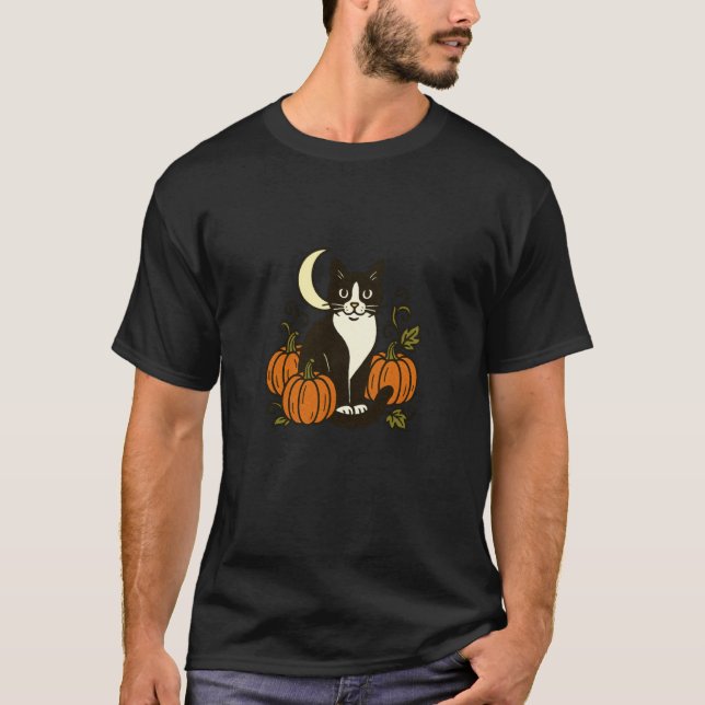 Tuxedokatt Skrämmande Pumpa Måne Kitty T Shirt (Framsida)