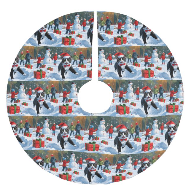 Tuxedokatt springer i snö med julhatt julgransmatta borstad polyester (Framsidan)