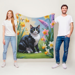 Tuxedokatt Vårblommor Målning  Fleecefilt
