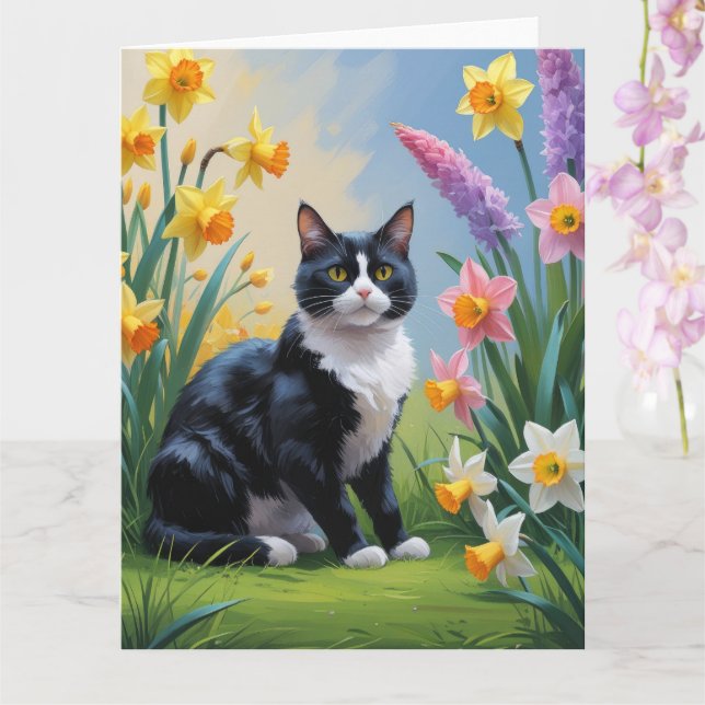 Tuxedokatt Vårblommor Målning  Kort (Orkide)