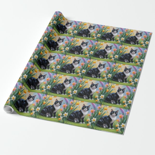 Tuxedokatt Vårblommor Målning  Presentpapper (Utrullad)