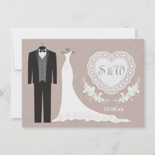 Tuxegown, hjärta på beige grått Bröllop Inbjudningar