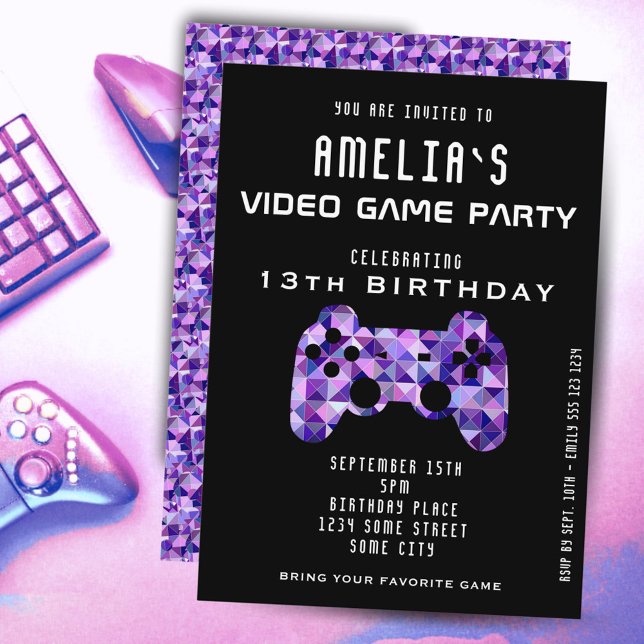 TV-spel fest lila kontroll Gaming födelsedag Inbjudningar (Skapare uppladdad)